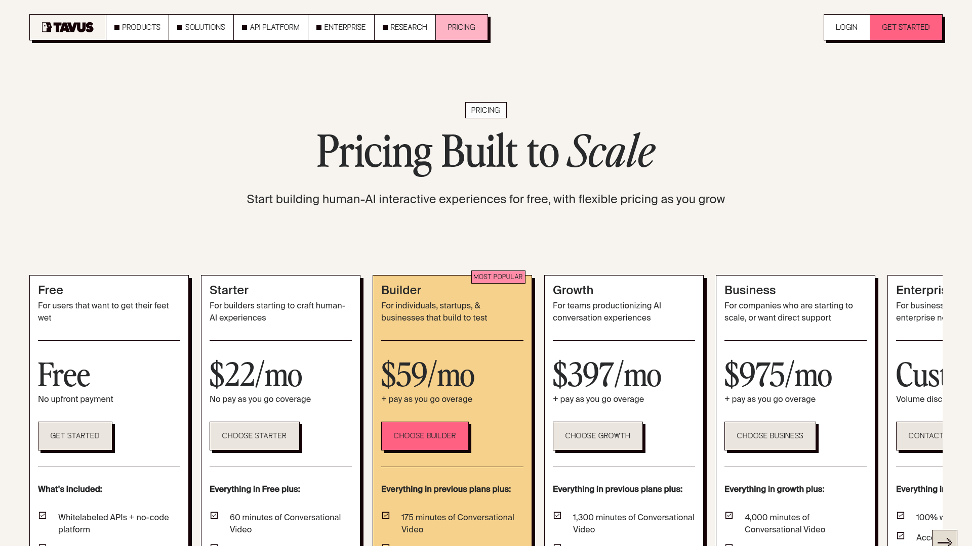 Tavus Conversational Video Interface pricing and plan page