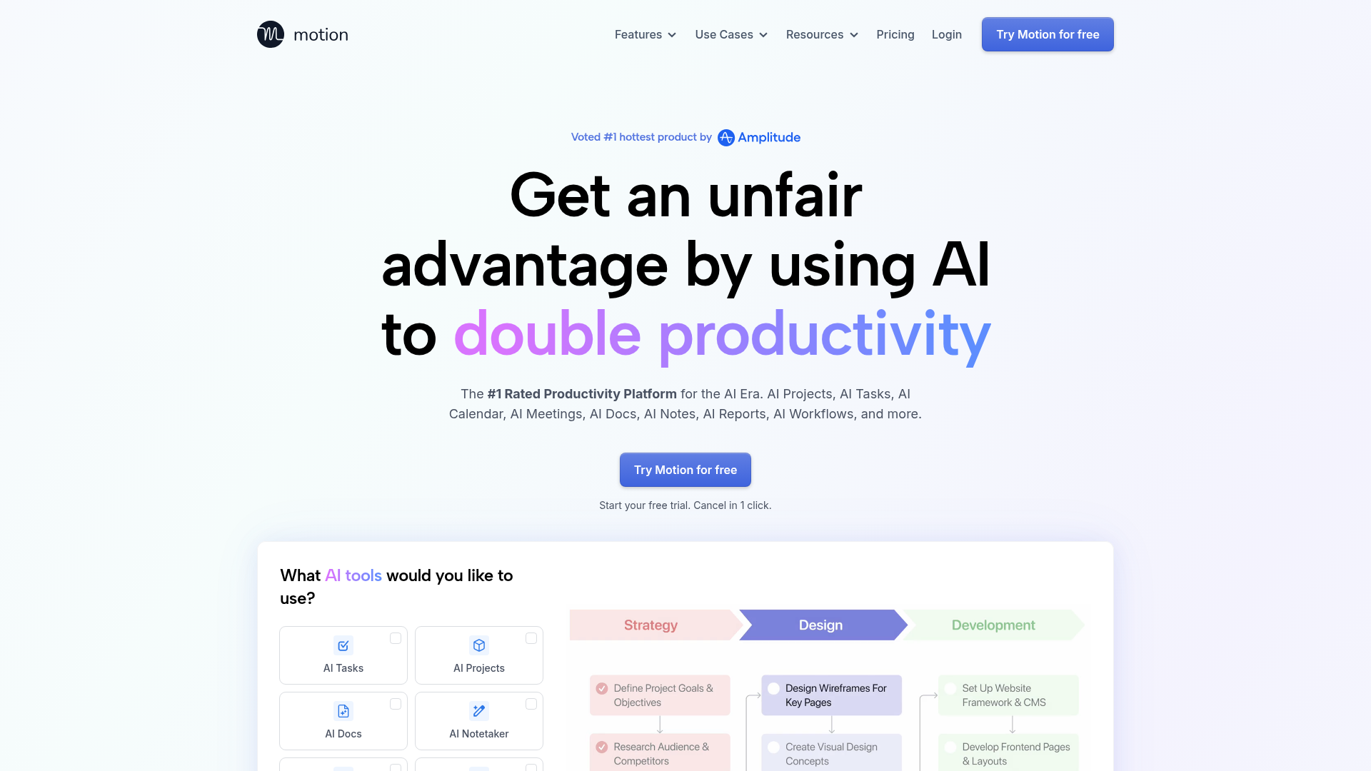 Motion AI work and calendar platform homepage