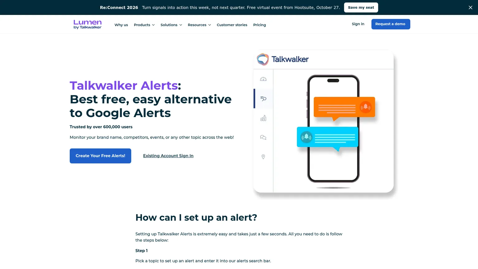 Talkwalker Alerts page describing its free alerts and source types