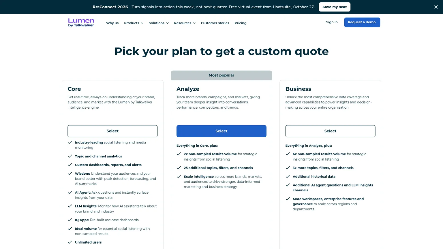 Talkwalker pricing page showing quote-only Core, Analyze and Business plans