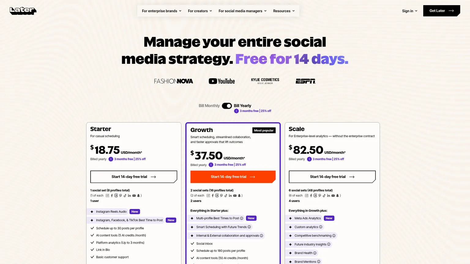 Página actual de precios de Later con los conjuntos de cuentas de Starter, Growth y Scale
