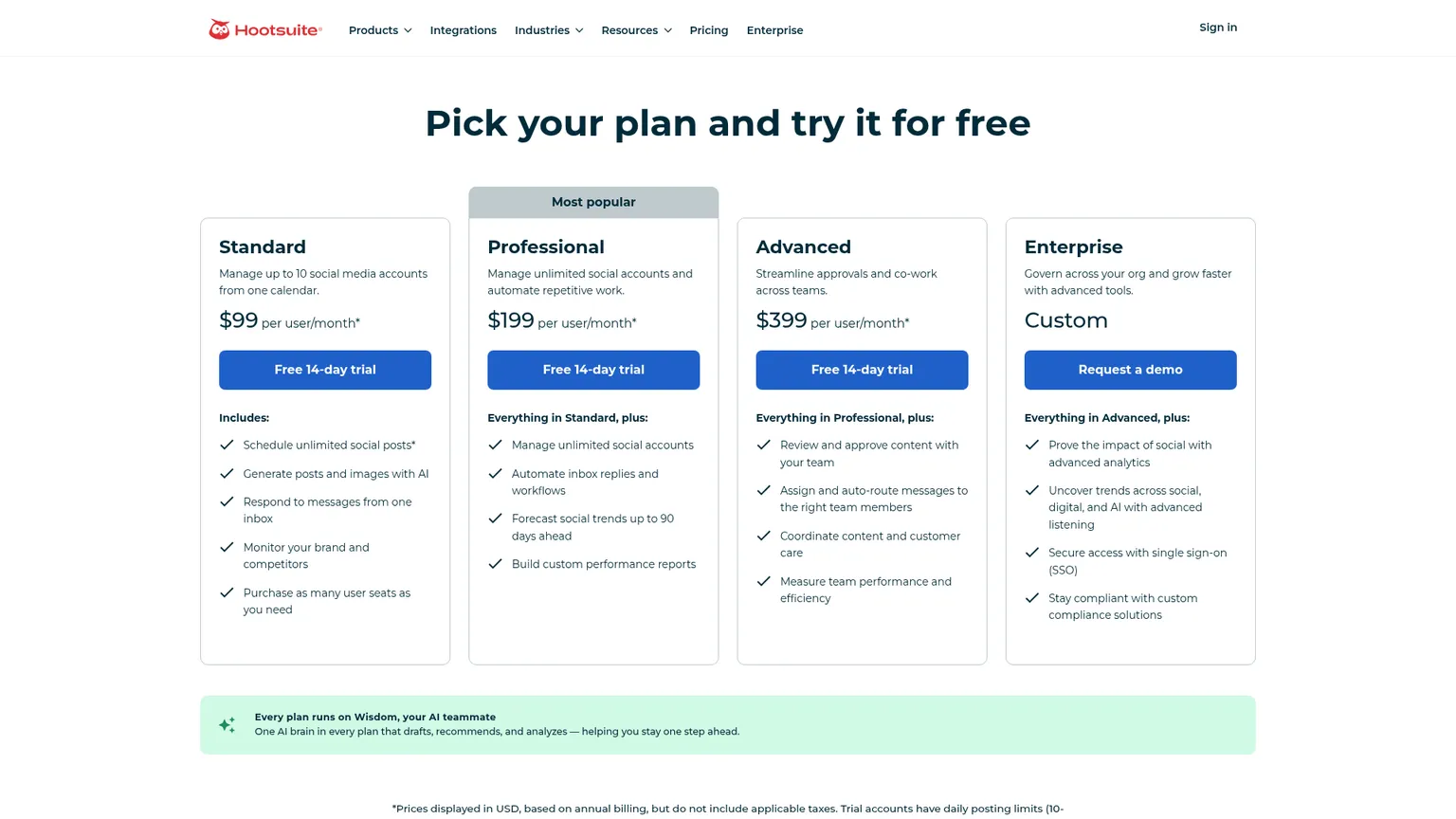 Planes actuales de Hootsuite: Standard, Professional, Advanced y Enterprise