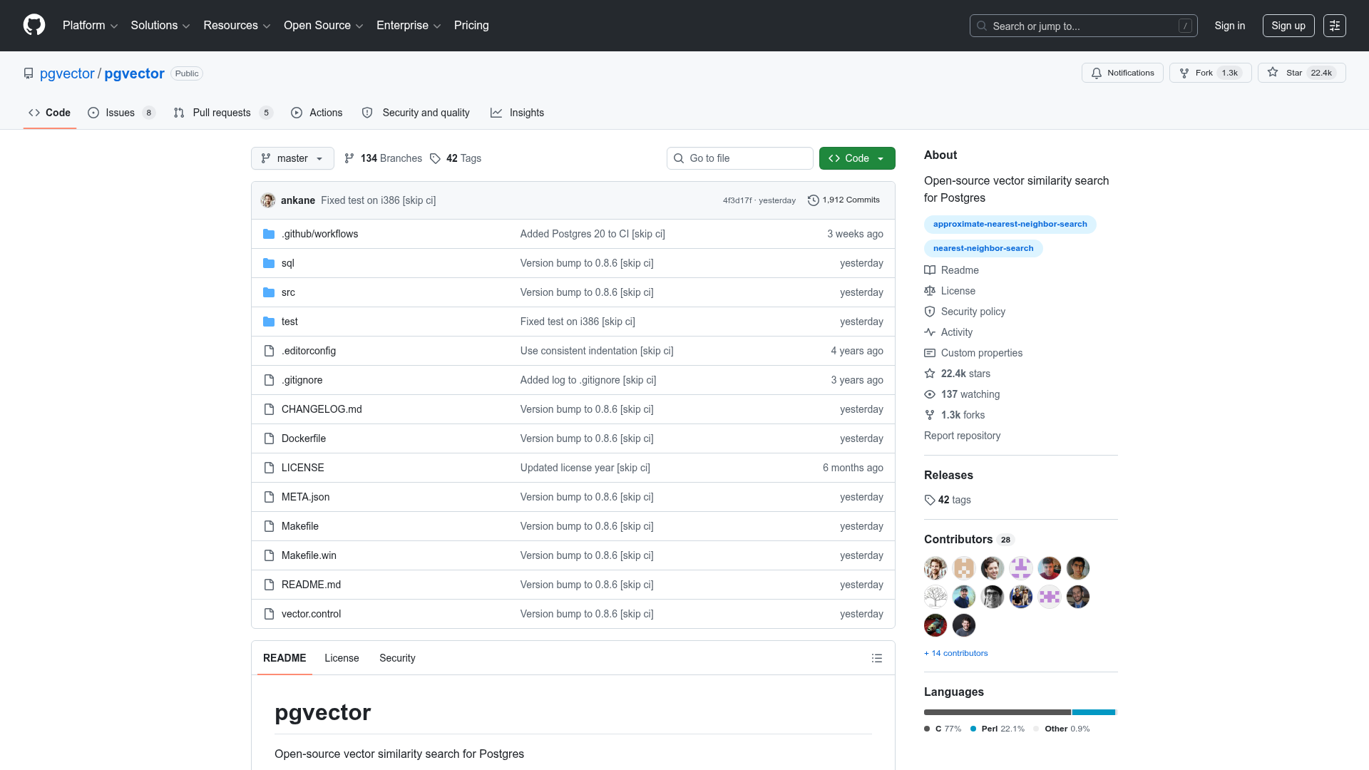 pgvector repository showing vector similarity search for Postgres