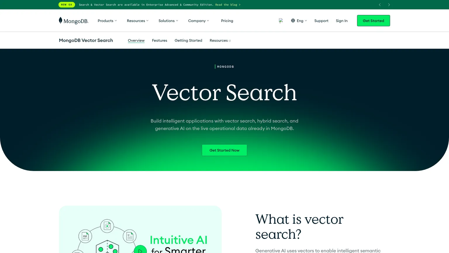 صفحة منتج MongoDB Atlas Vector Search