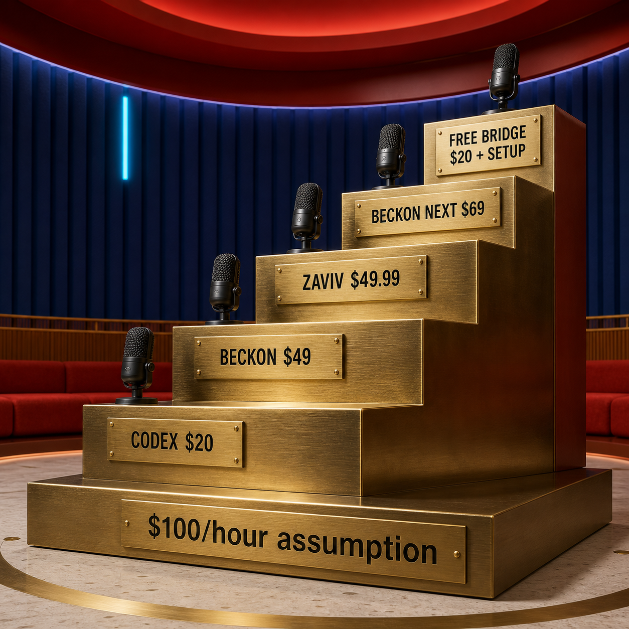 Five-stage cost staircase comparing Codex, Beckon, Zaviv, and free self-hosted voice bridges