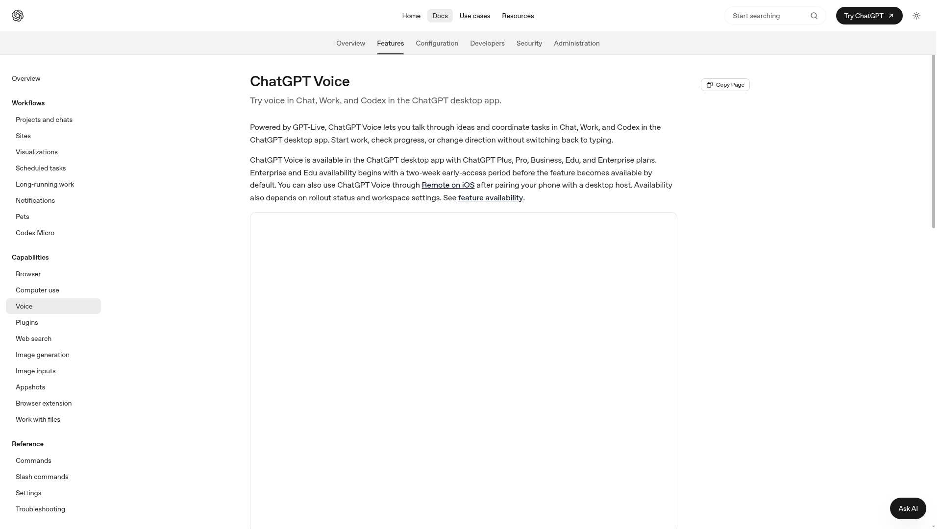 OpenAI Codex Voice documentation showing live voice coordination in the ChatGPT desktop app