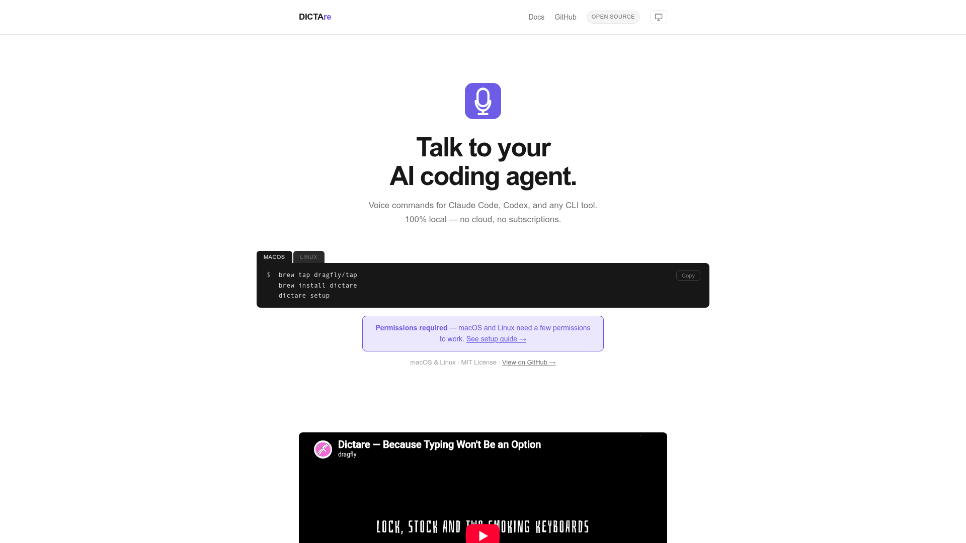 Dictare local voice command interface for terminal coding agents