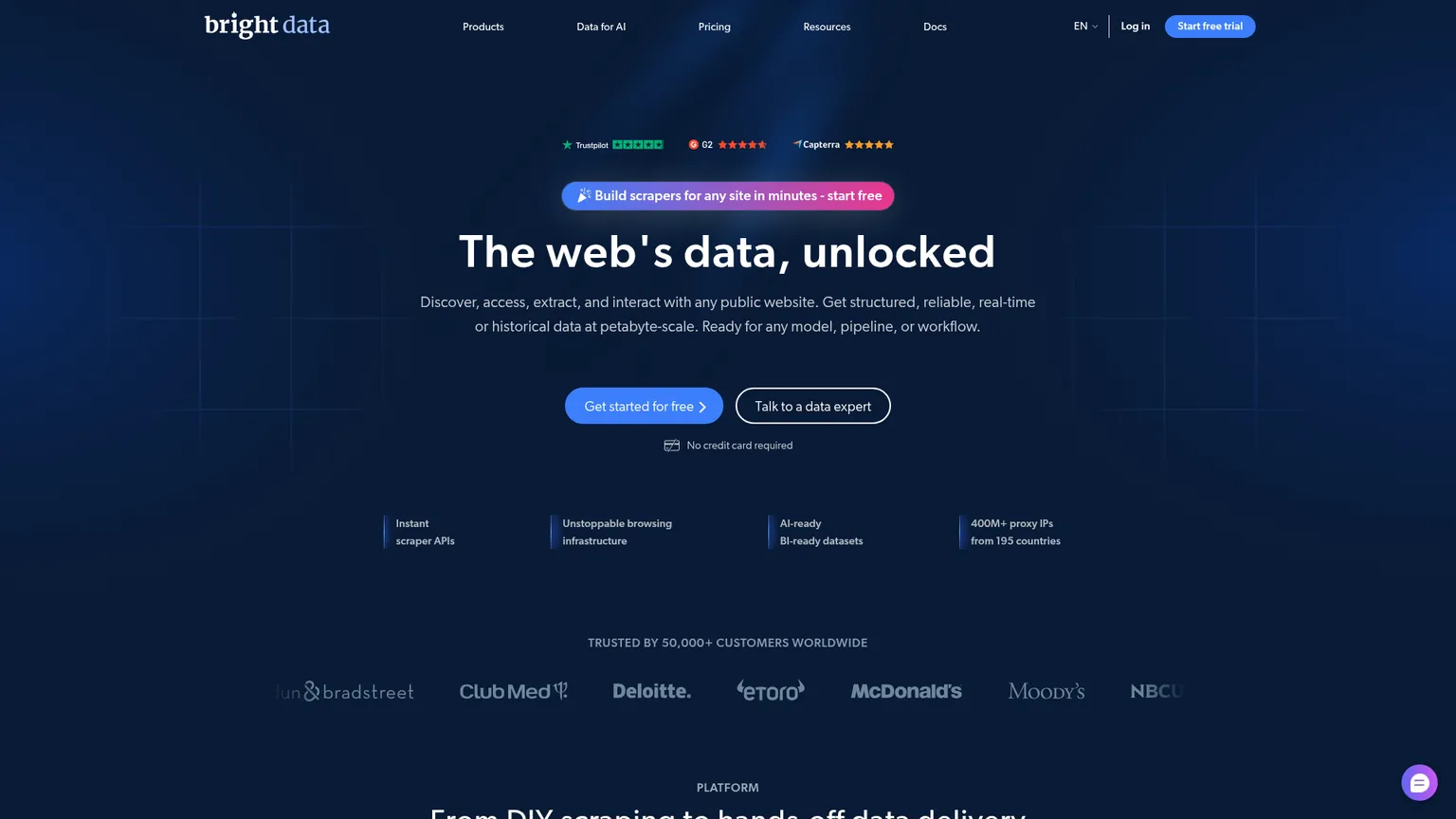 Die offizielle Bright Data-Website mit ihren Produkten für Webdaten