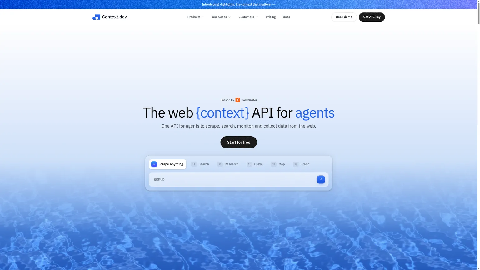 Die offizielle Context.dev-Website beschreibt Scraping, Crawling und Überwachung für Agenten