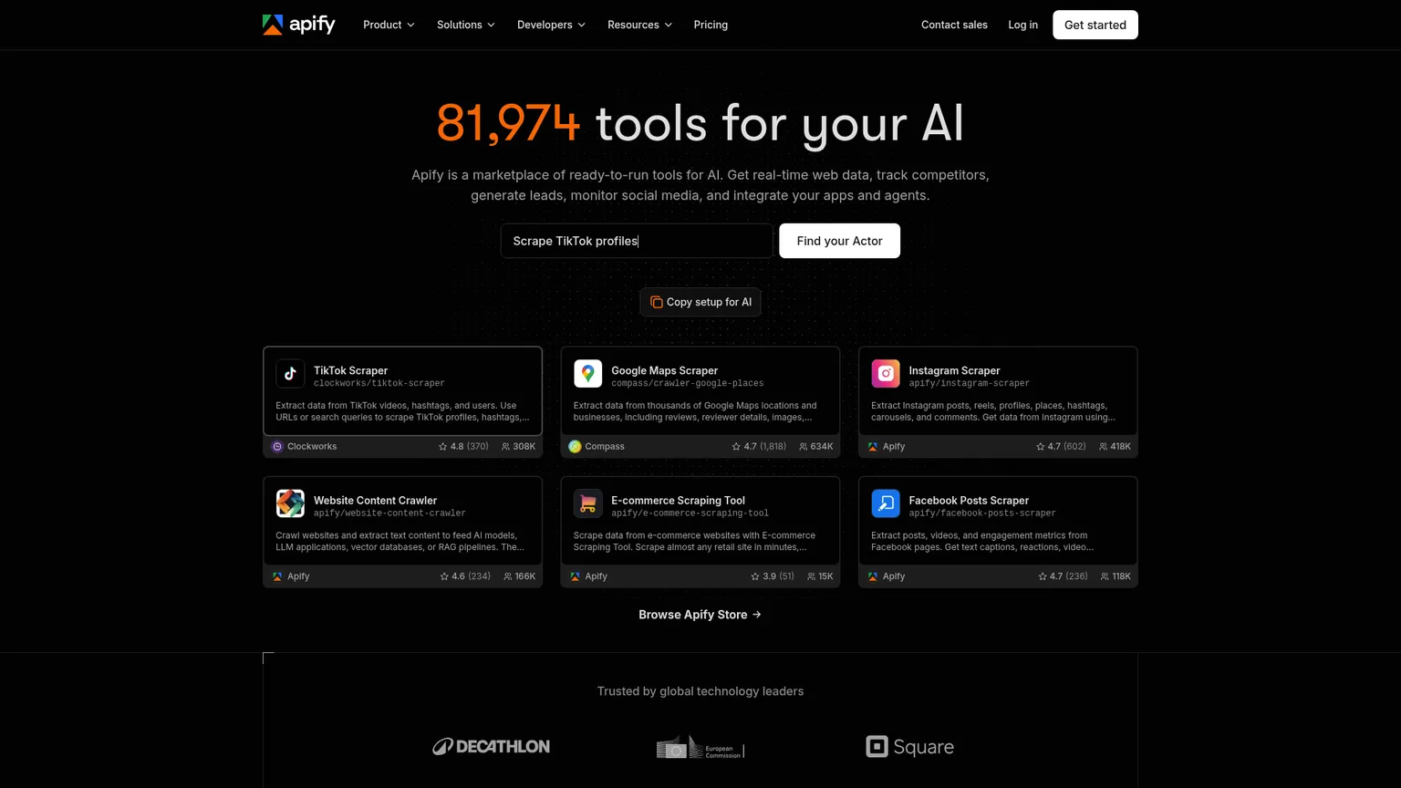 Die offizielle Apify-Website mit Actor-Marktplatz und Cloud-Plattform