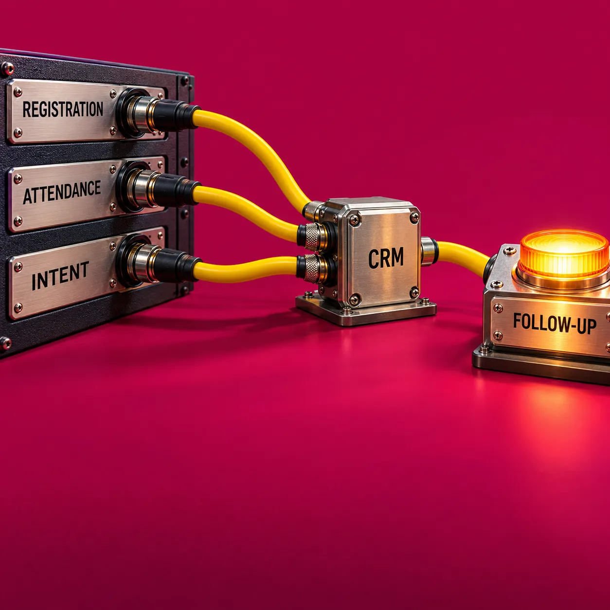 Registration, attendance and intent cables joining a CRM connector that powers follow-up