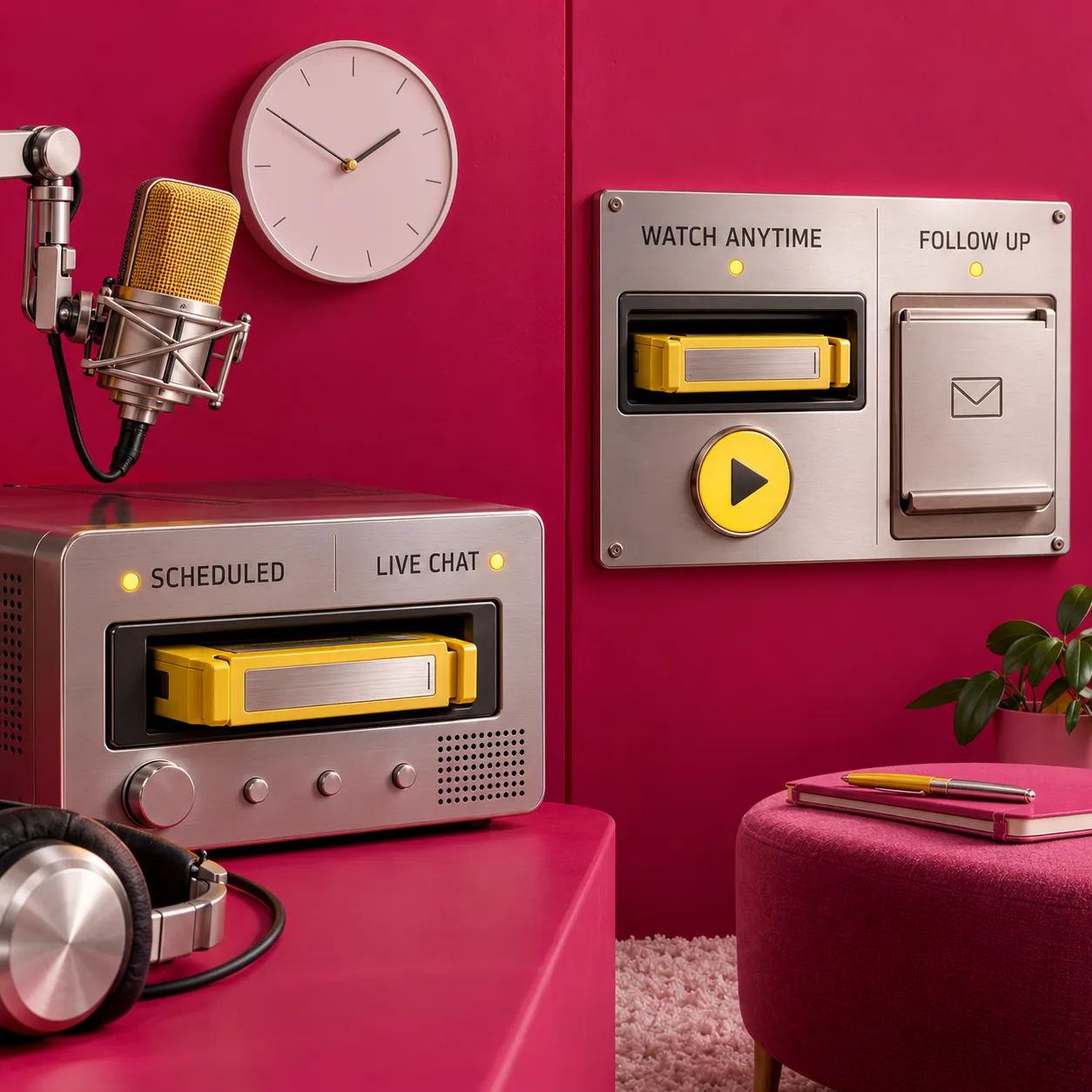A scheduled playback station with live chat beside a watch-anytime station with a follow-up tray