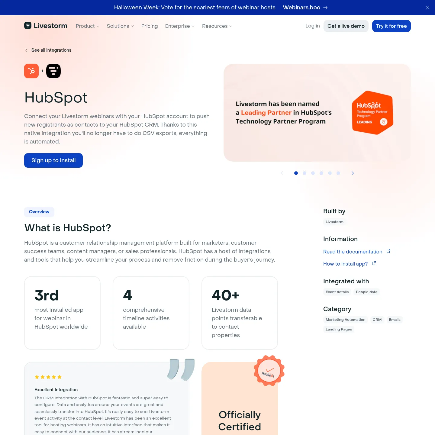 Livestorm's HubSpot integration page showing webinar registration and engagement sync