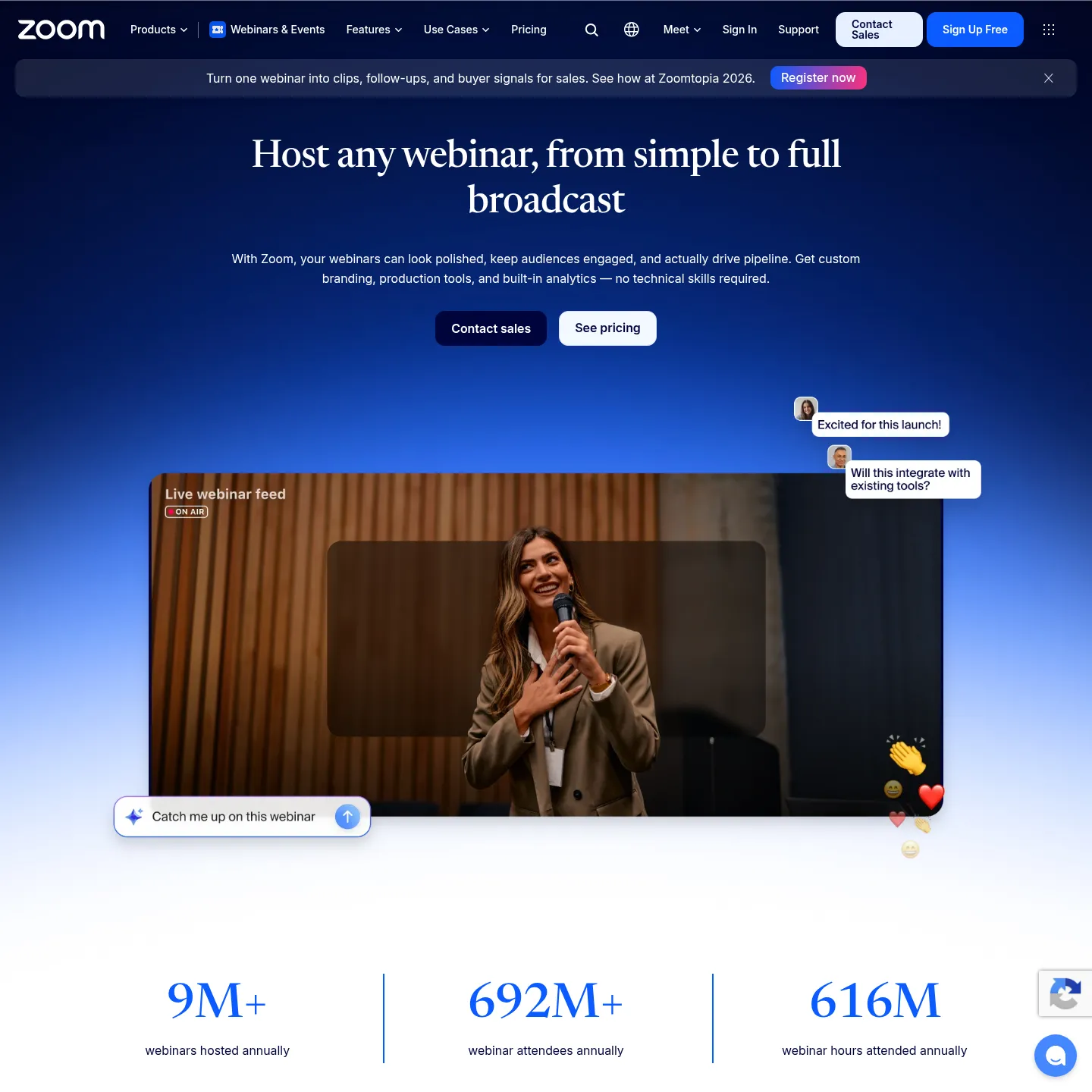 Zoom Webinars product page showing its broadcast and audience engagement features
