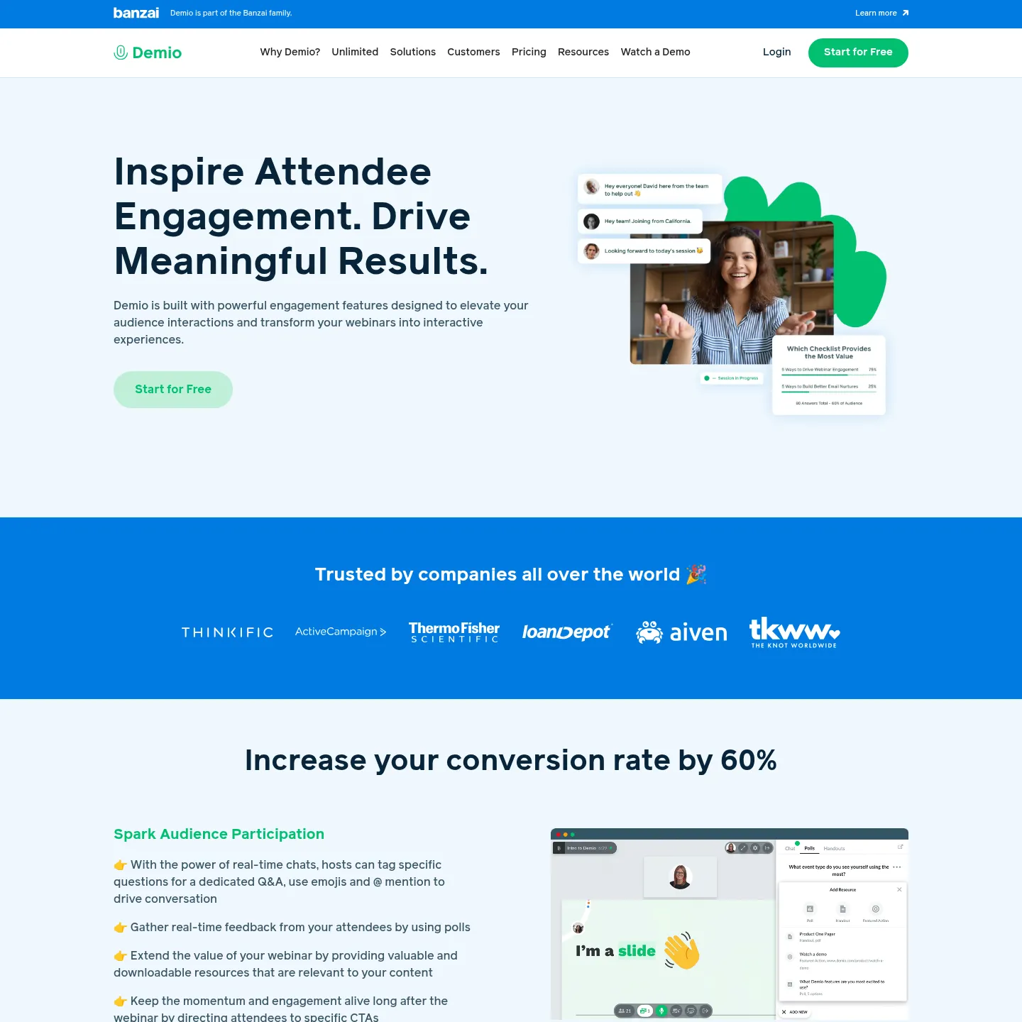 Demio product features showing its webinar room and marketing event tools