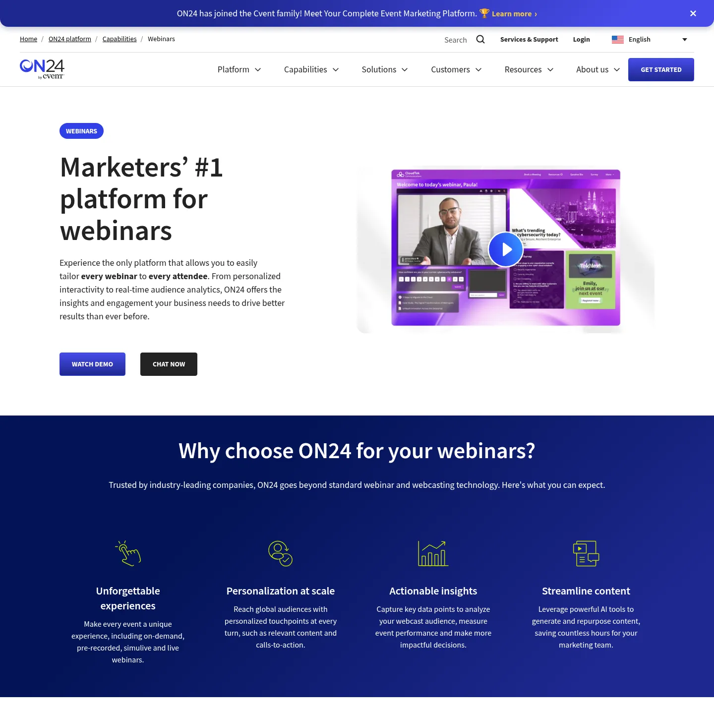 ON24 webinar product page showing branded webinar experiences and engagement capabilities