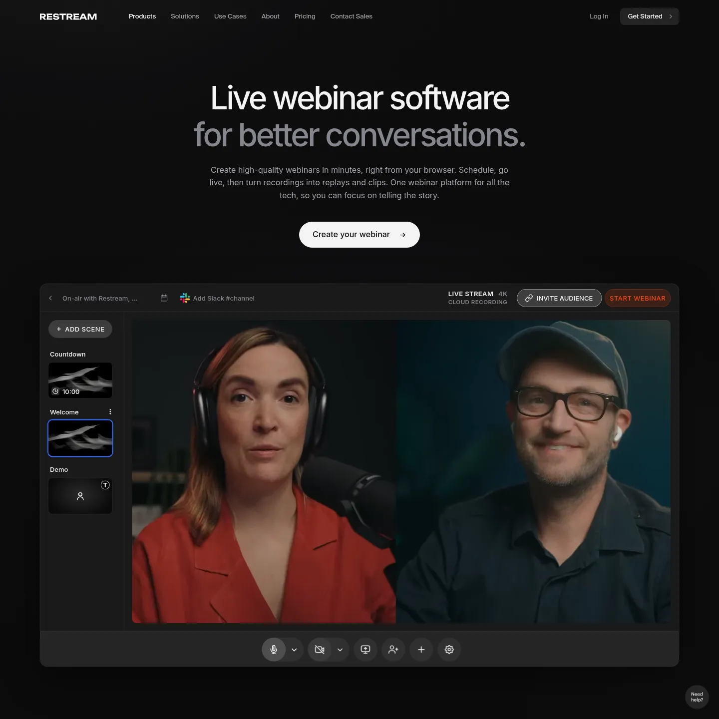 Restream Live Webinar product page showing browser production, registration and multistreaming