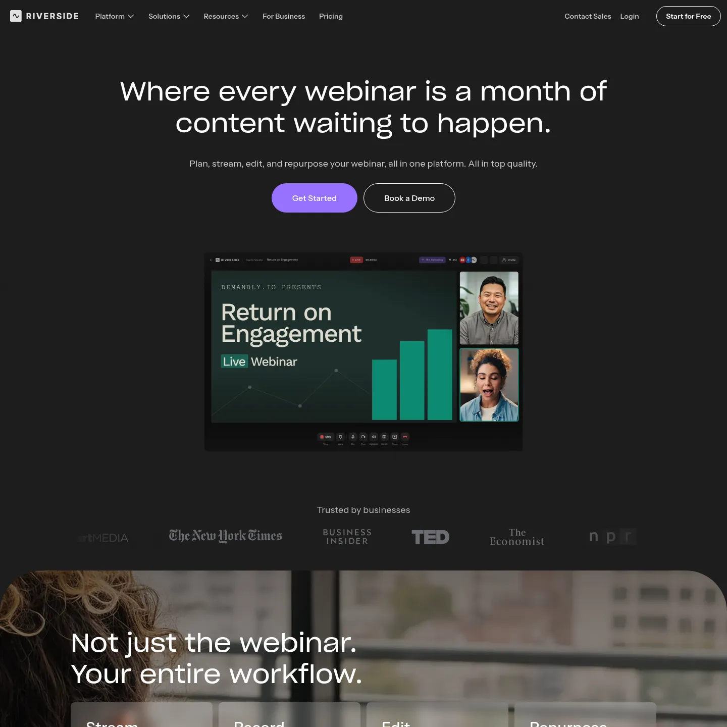 Riverside webinar product page showing branded webinar production and content reuse