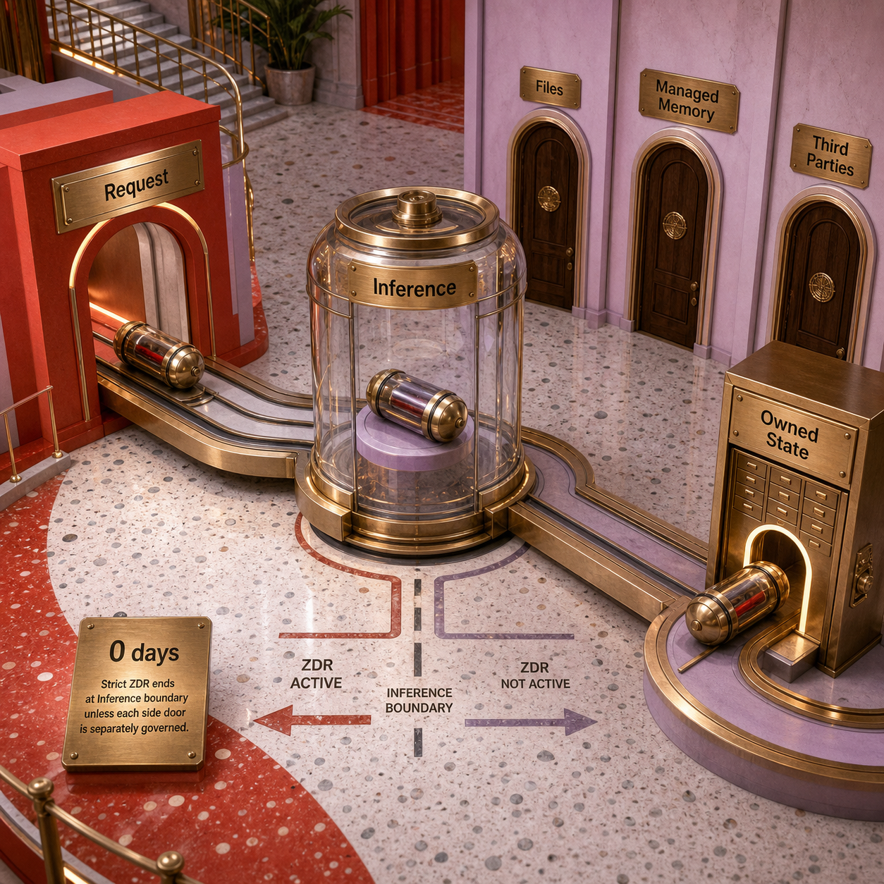 Architecture showing a request crossing a zero-retention inference boundary while files, managed memory, and third parties remain separate retention risks