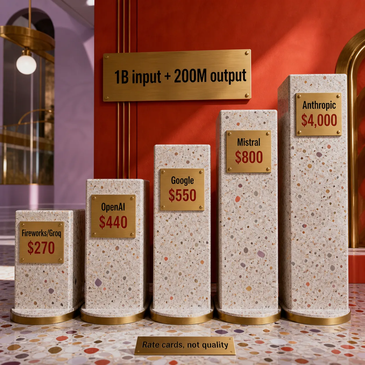 سلم تكلفة من خمس درجات يقارن الأسعار الشهرية المنشورة للرموز بين Fireworks أو Groq وOpenAI وGoogle وMistral وAnthropic