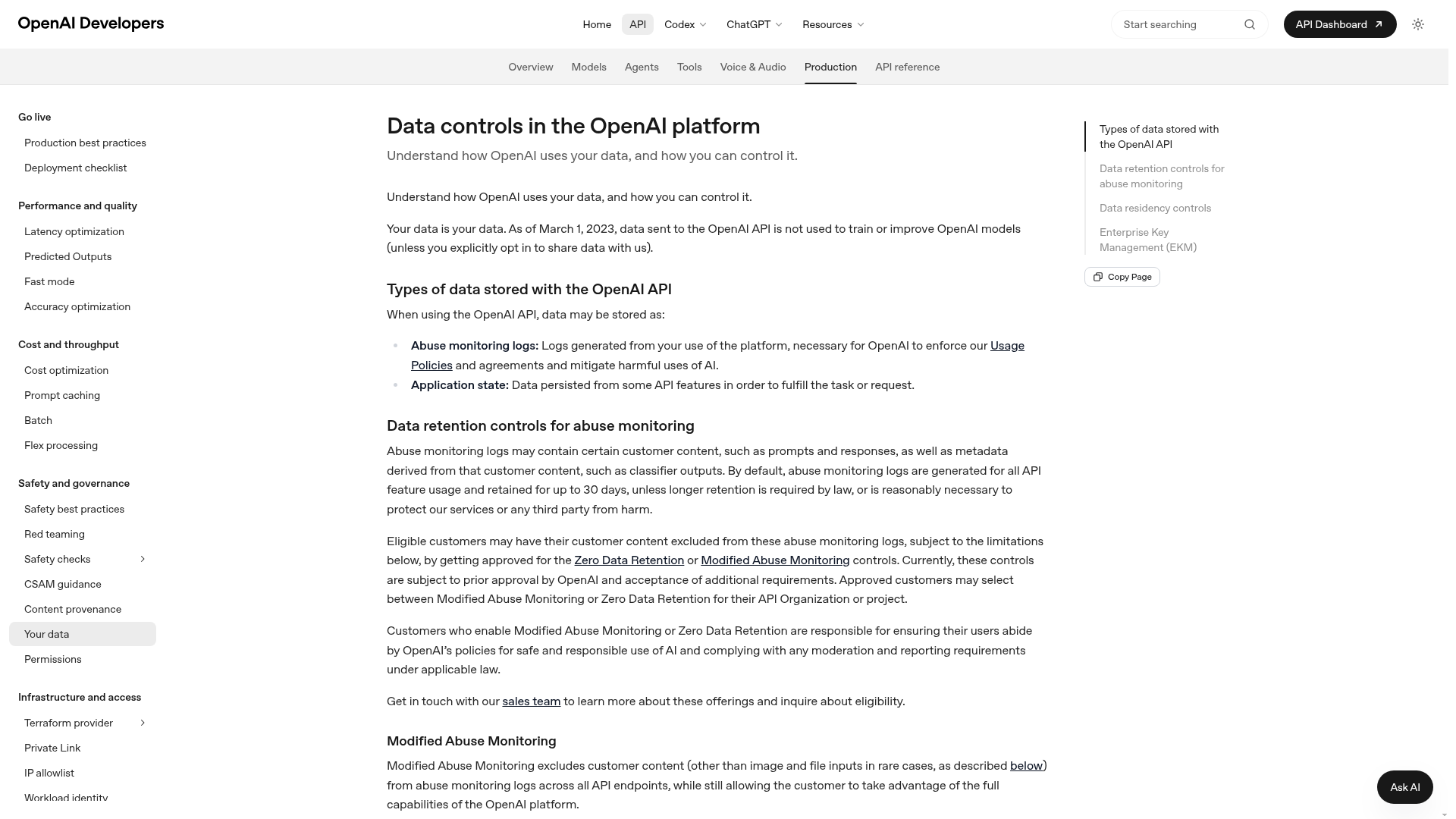 OpenAI API data controls documentation showing Zero Data Retention eligibility and endpoint behavior
