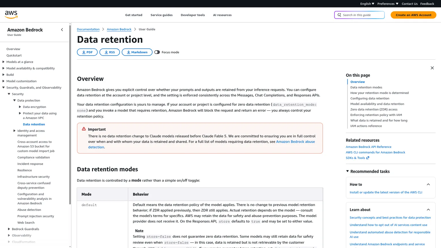 وثائق Amazon Bedrock للاحتفاظ بالبيانات التي تصف أوضاع none وdefault ومشاركة المورّد وإنفاذ السياسة