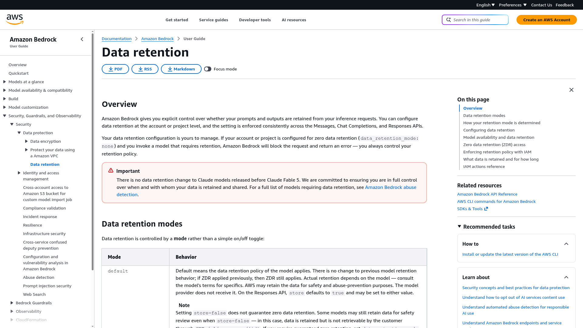 Amazon Bedrock data retention documentation describing none, default, provider sharing, and policy enforcement