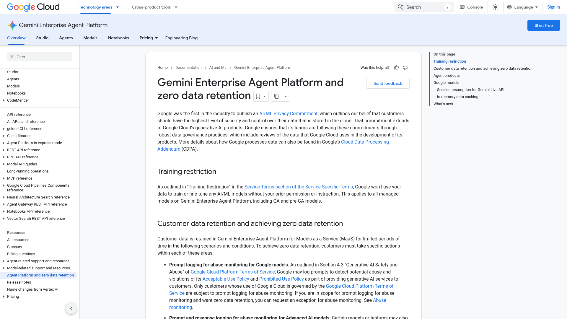 Google Cloud documentation explaining how to achieve zero data retention across Gemini Enterprise Agent Platform features