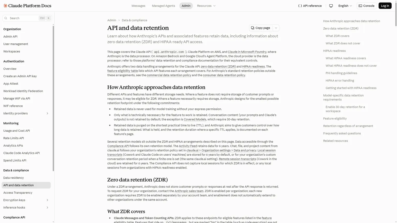 وثائق Anthropic API والاحتفاظ بالبيانات التي تعرض أهلية النماذج والميزات لعدم الاحتفاظ بالبيانات