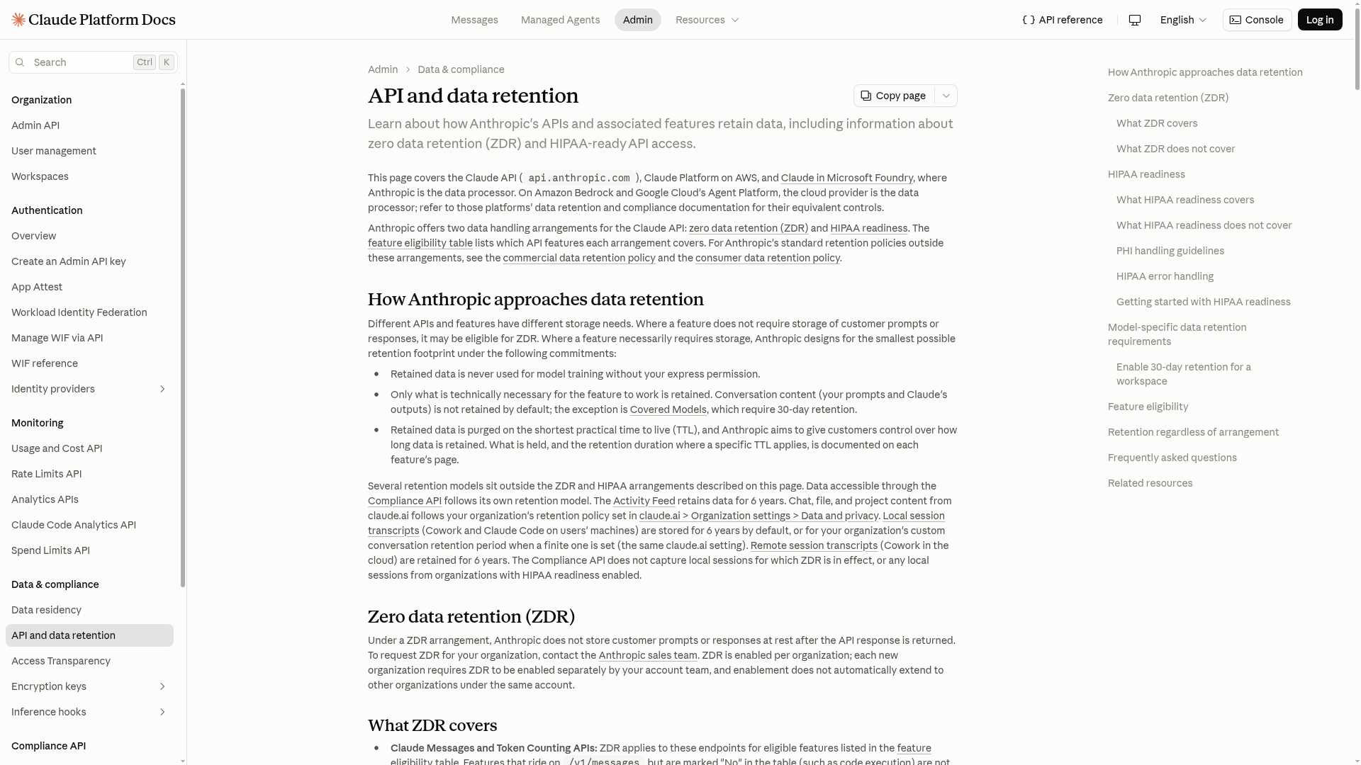 Anthropic API and data retention documentation with model and feature eligibility for Zero Data Retention
