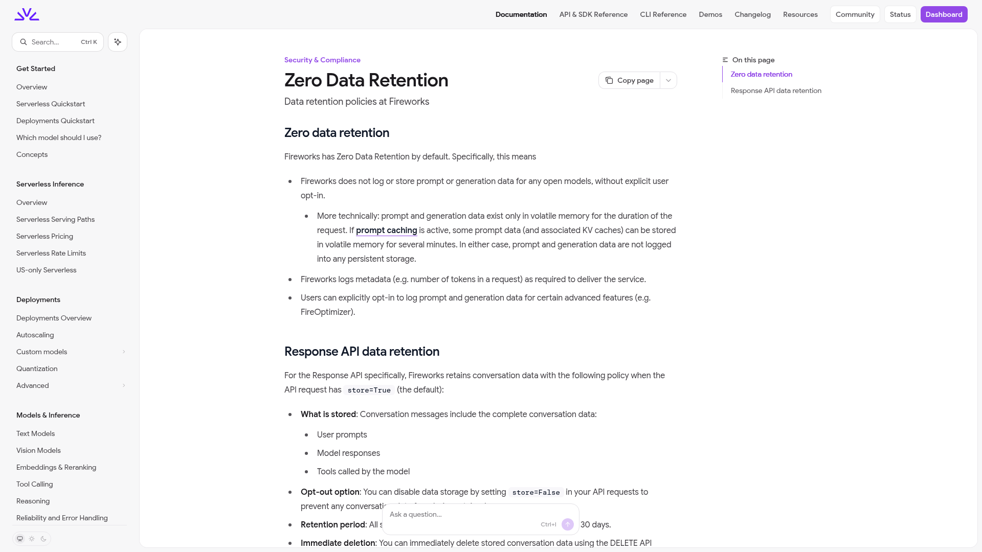 Fireworks AI documentation explaining default Zero Data Retention and Responses API storage behavior
