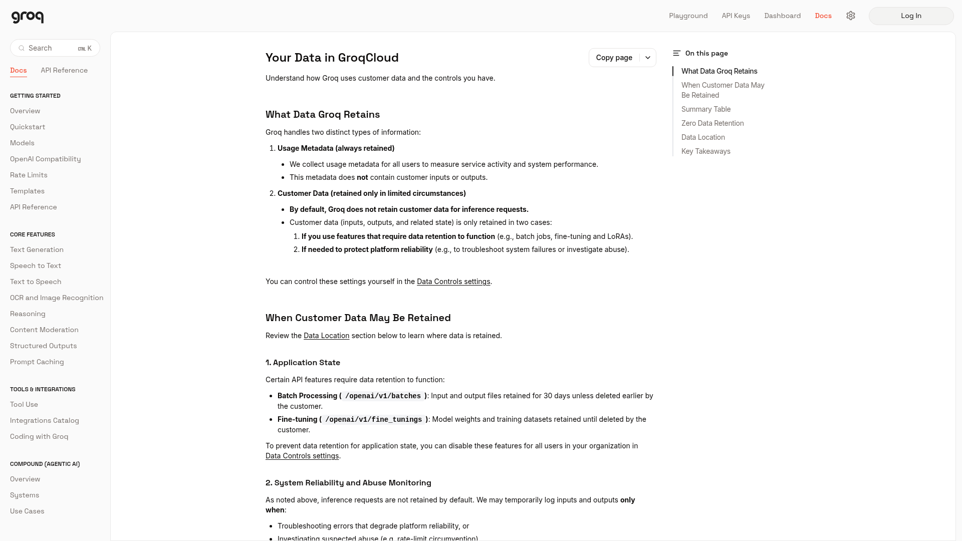 GroqCloud documentation showing retained metadata, temporary logs, and Zero Data Retention controls