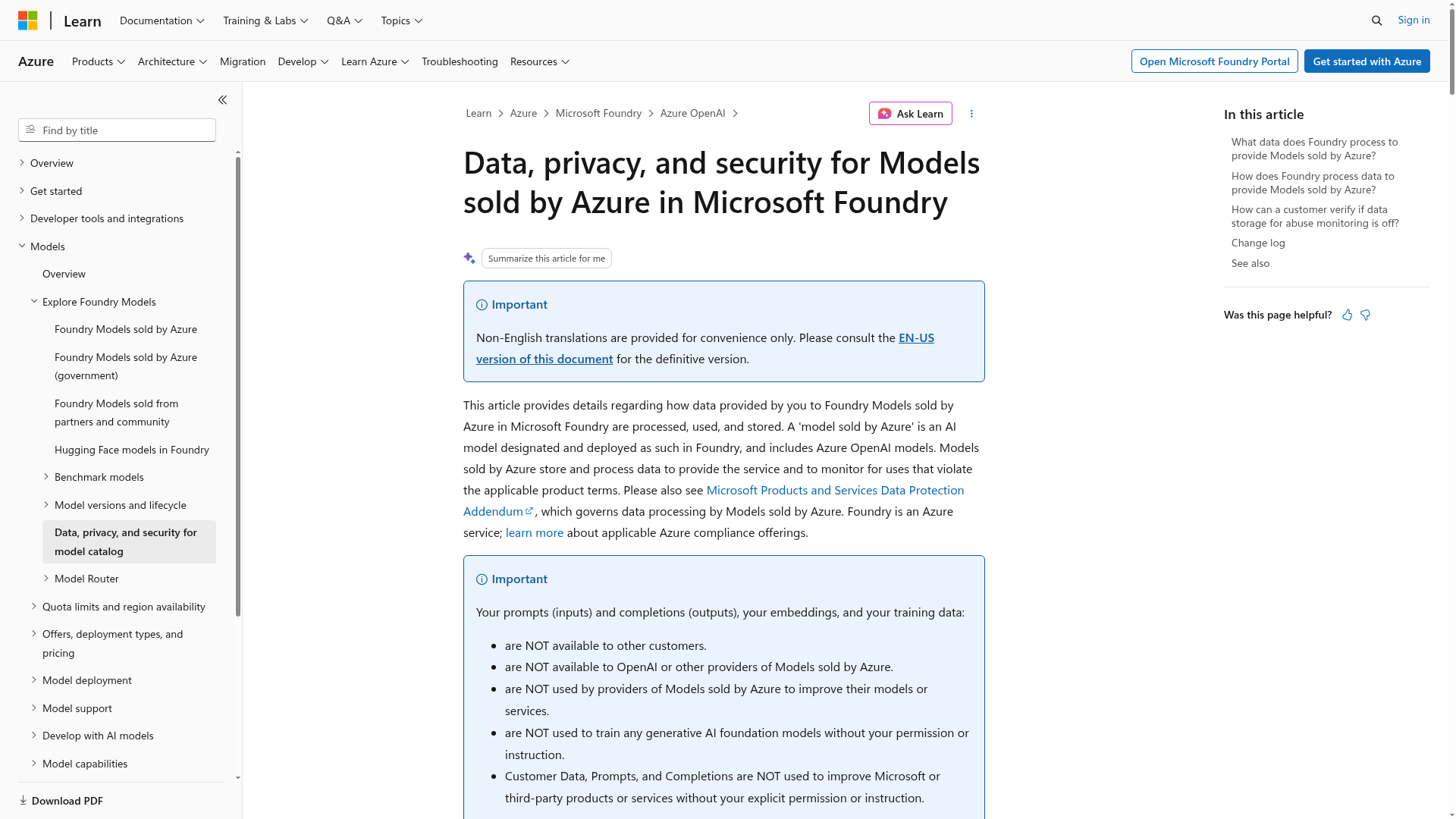 Microsoft Foundry data privacy documentation showing stateless inference, stored features, and modified abuse monitoring