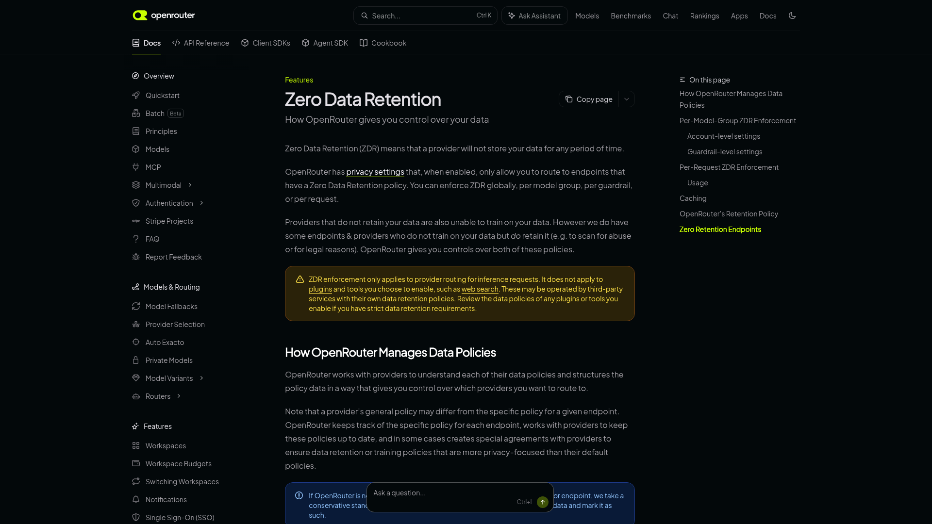 OpenRouter documentation showing global, model-group, guardrail, and per-request ZDR enforcement