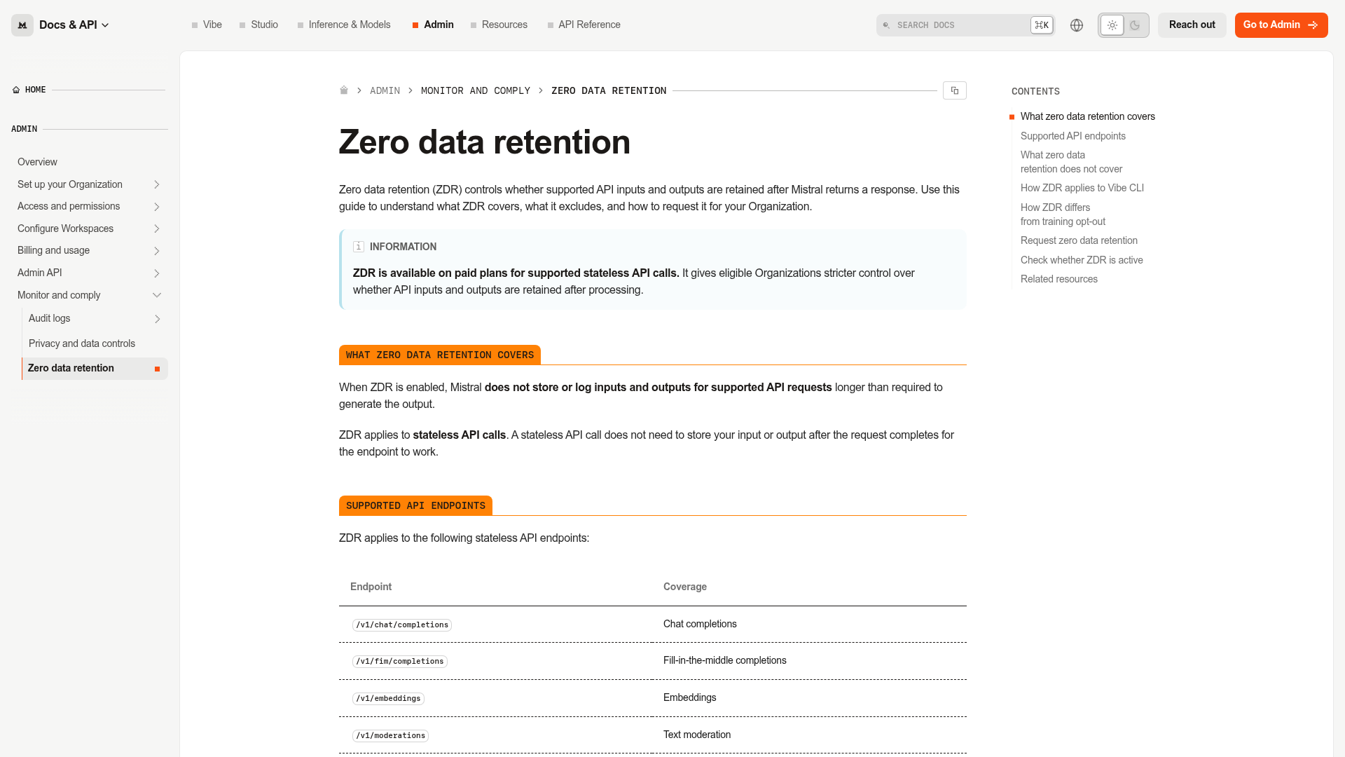 Mistral documentation listing stateless endpoints covered by ZDR and stateful products excluded from it