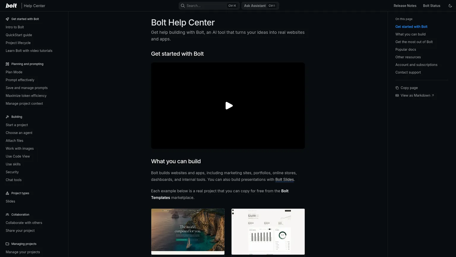 Centro de ayuda de Bolt con documentación y opciones de asistencia técnica