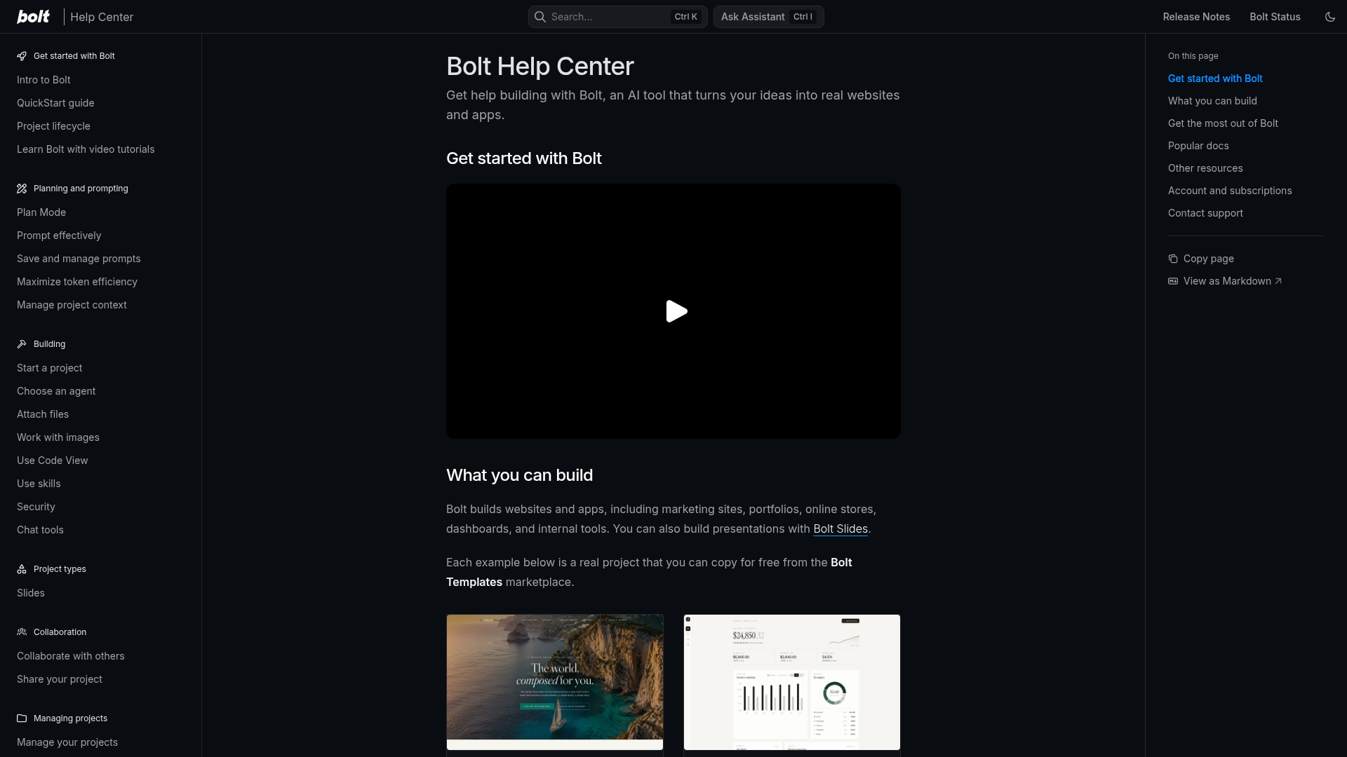 Bolt Help Center with documentation and support options