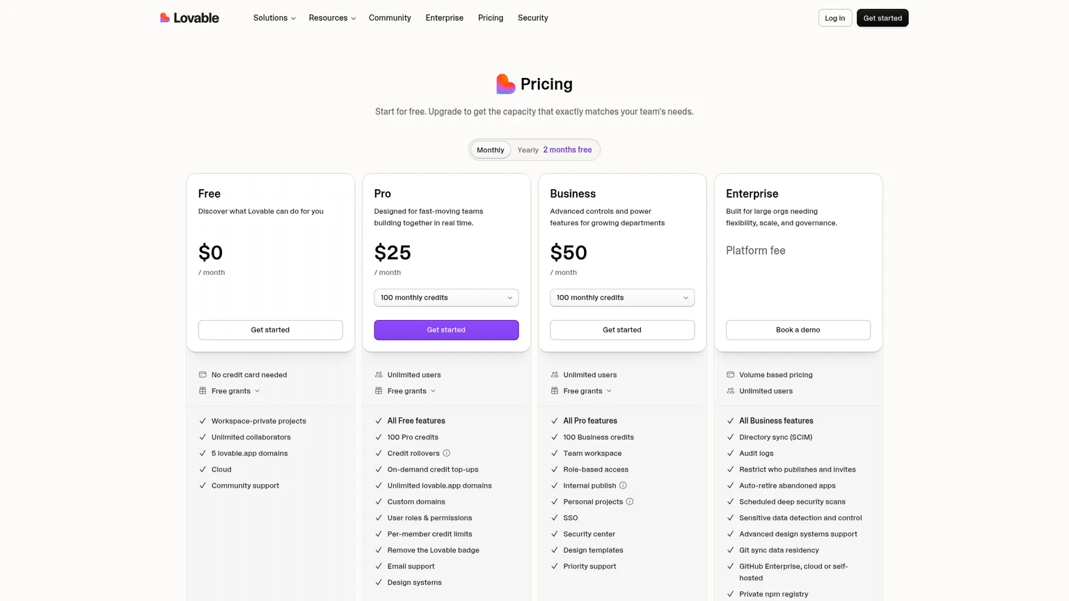 Página de precios de Lovable con los planes Free, Pro, Business y Enterprise
