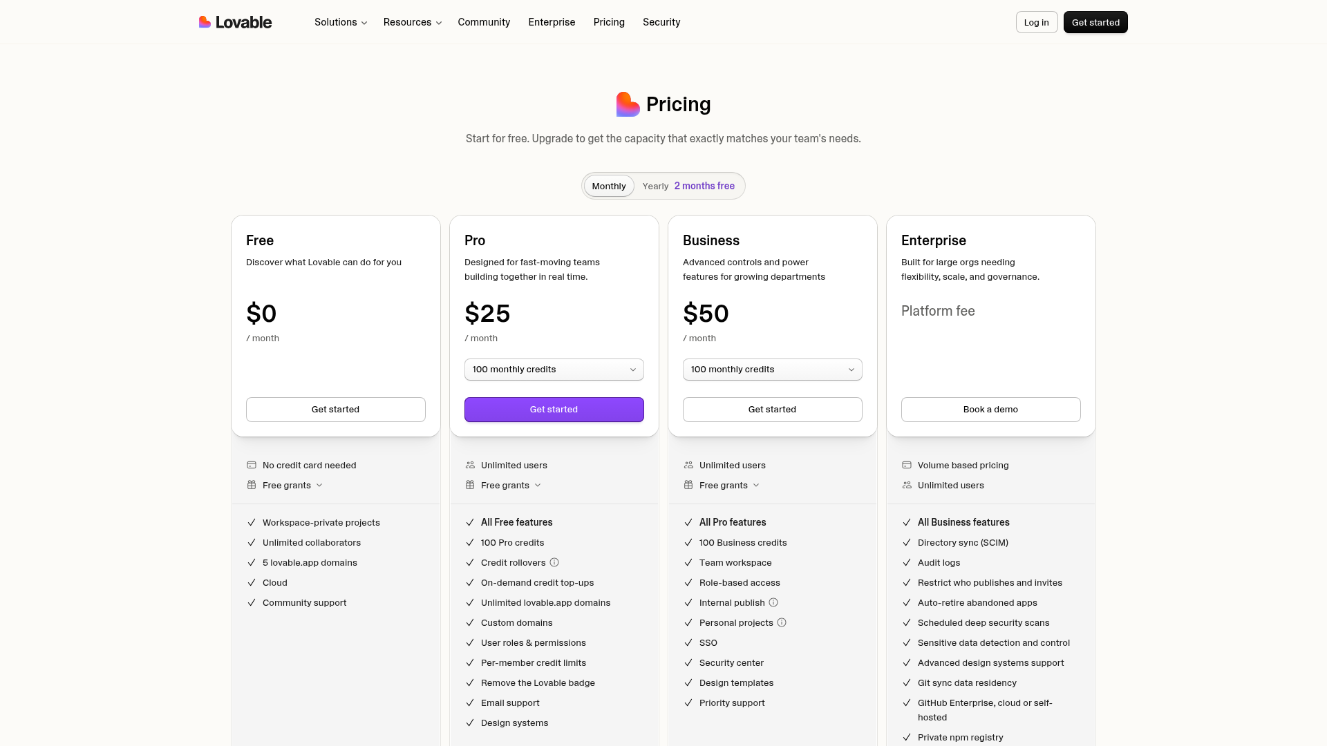 Lovable pricing page showing Free, Pro, Business and Enterprise plans