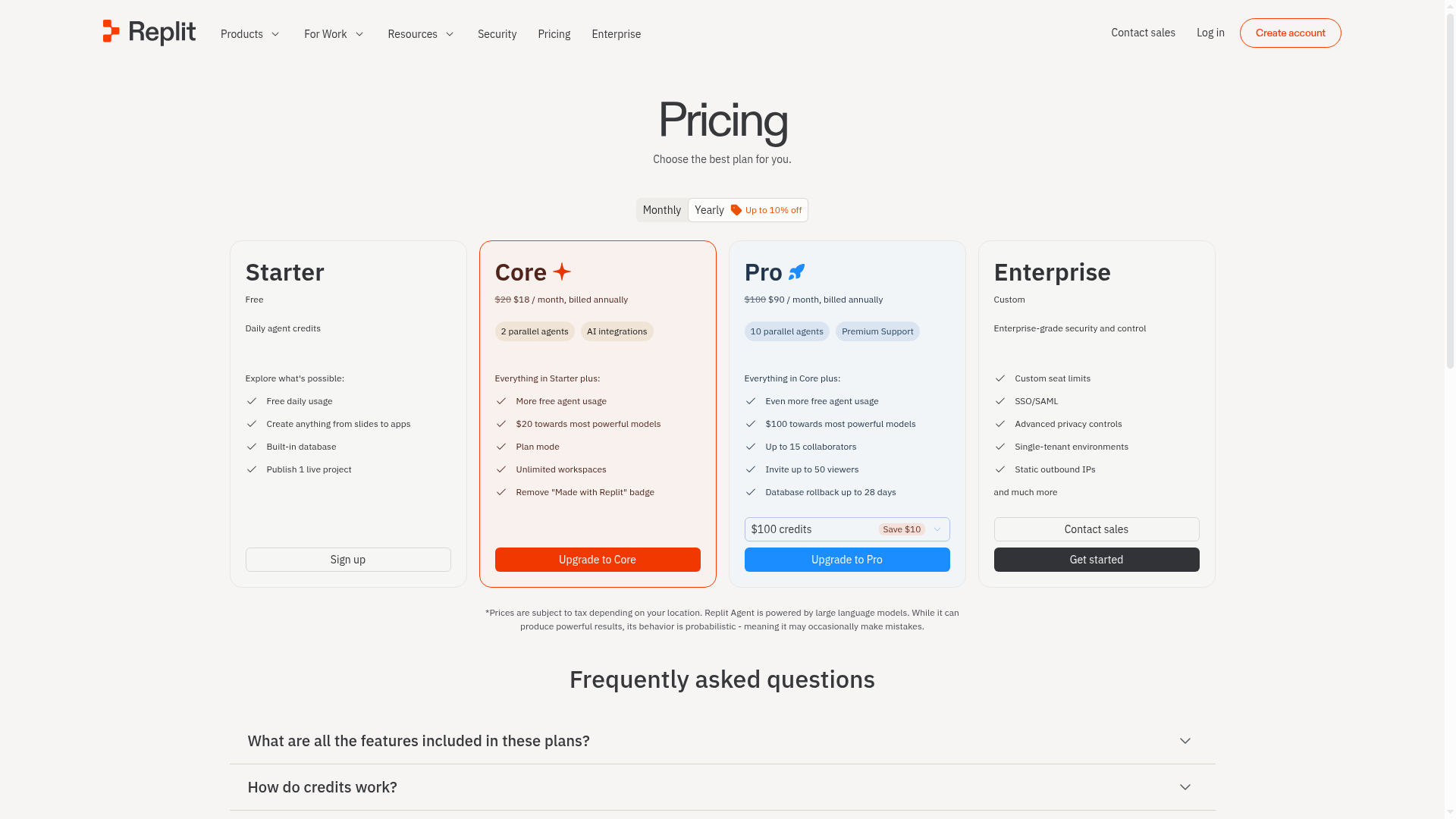 Replit pricing page showing Starter, Core, Pro and Enterprise plans
