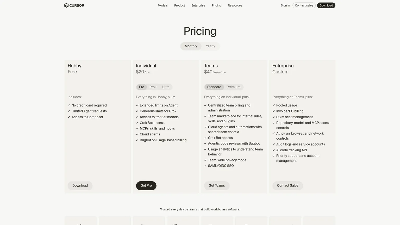Página de precios de Cursor con los planes Hobby, Individual, Teams y Enterprise
