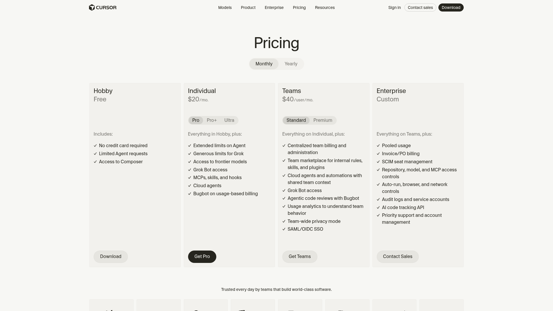 Cursor pricing page showing Hobby, Individual, Teams and Enterprise plans