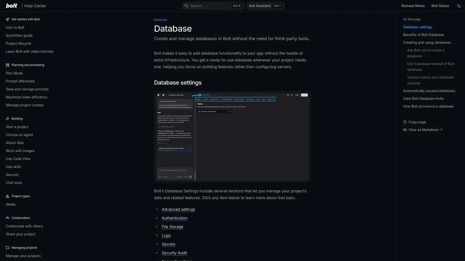 Documentación de Bolt Database con ajustes de autenticación, almacenamiento, registros y seguridad