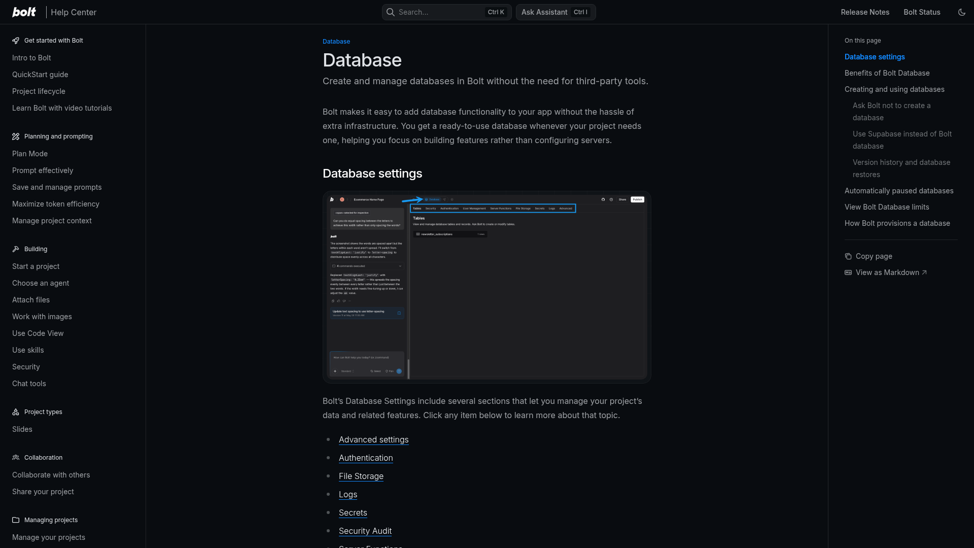 Bolt Database documentation with settings for authentication, storage, logs and security