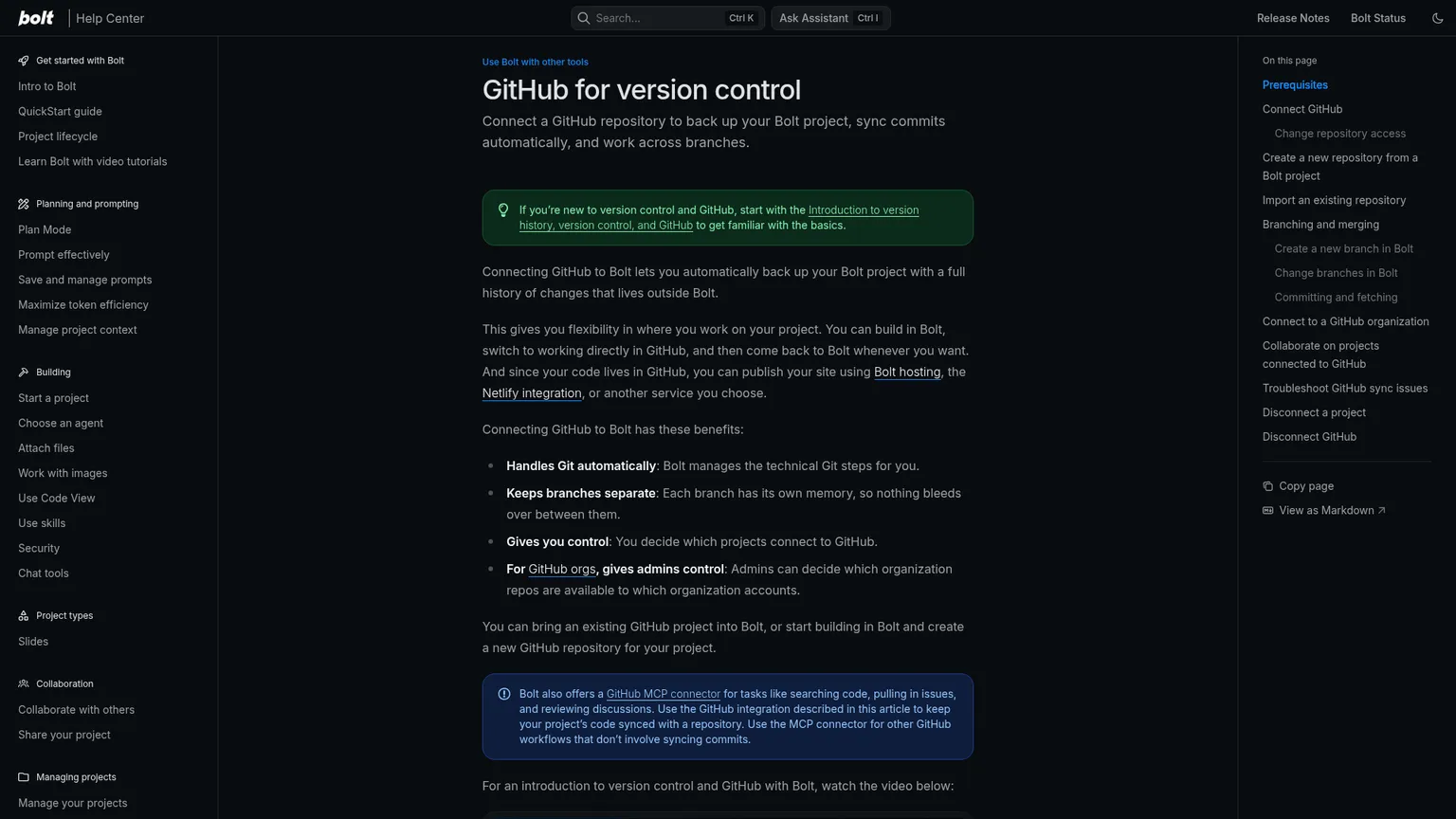 Documentación de integración de GitHub en Bolt cubriendo repositorios, ramas y sincronización