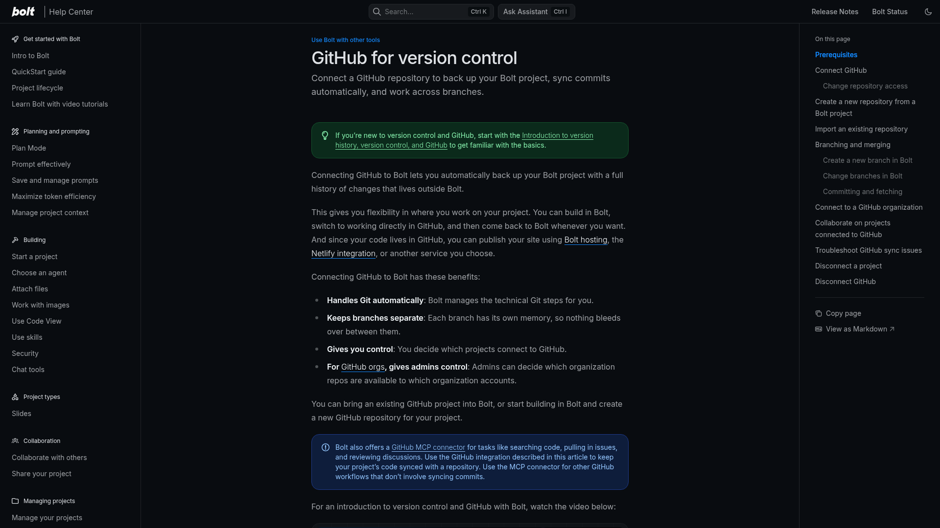 Bolt GitHub integration documentation covering repositories, branches and syncing