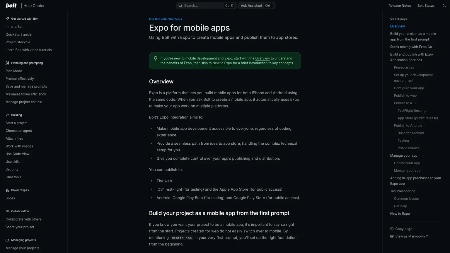 Documentación de la integración de Expo en Bolt para apps móviles y publicación en tiendas