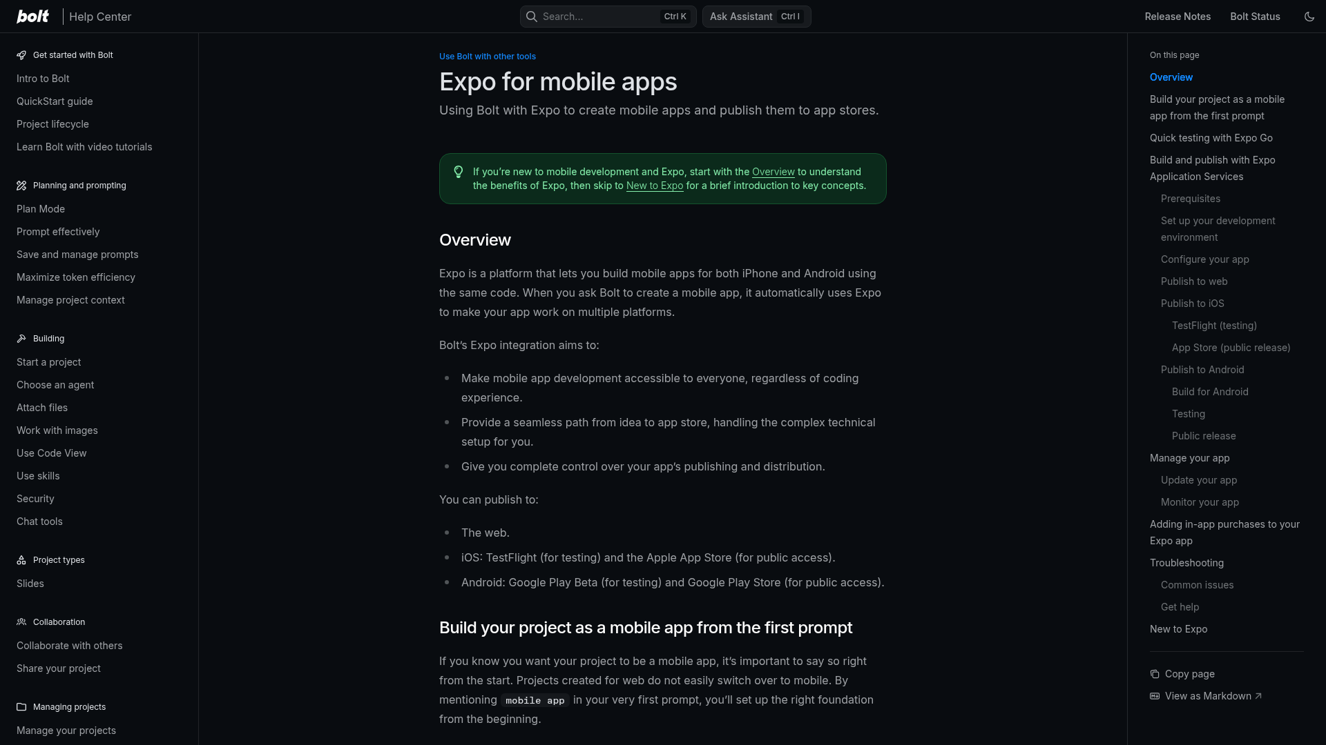 Bolt Expo integration documentation for mobile apps and app-store publishing