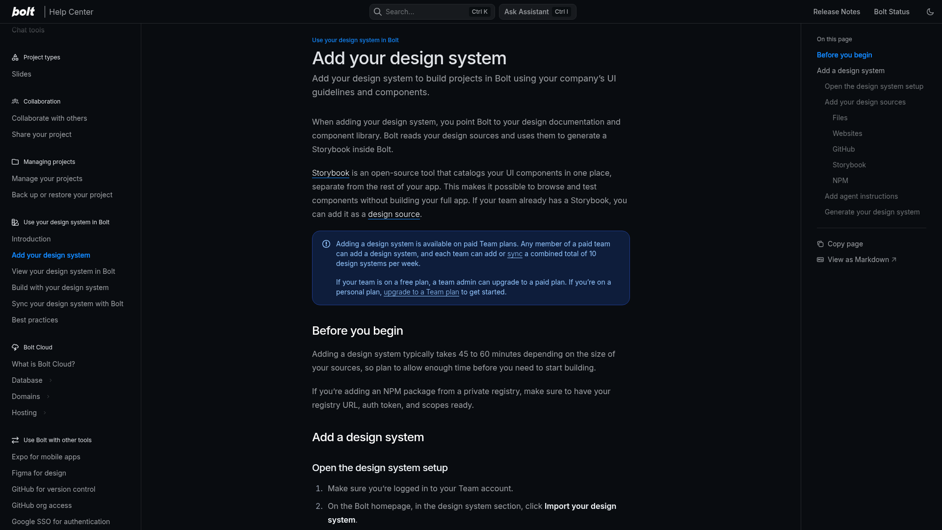 Bolt documentation for adding a team design system from code and documentation sources
