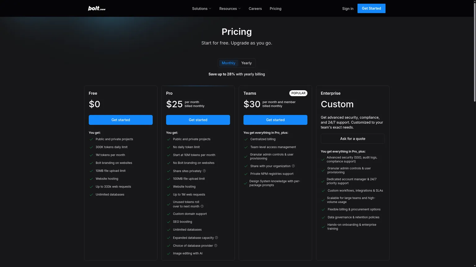 Página de precios de Bolt.new mostrando los planes Free, Pro, Teams y Enterprise